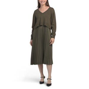 SAM EDELMAN Loden Pleated Dress With Sweater
